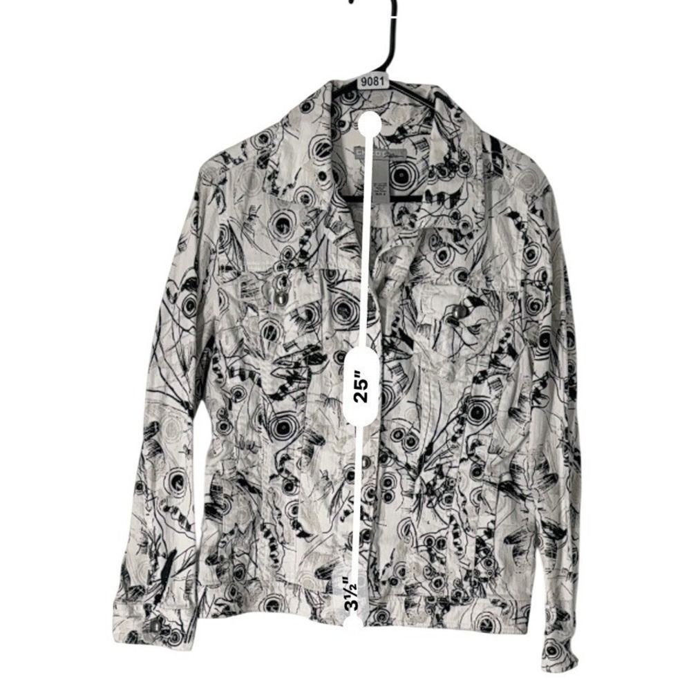 Chico's Platinum Denim Jacket Women's 2 Black White Abstract Print Trucker - Picture 7 of 7